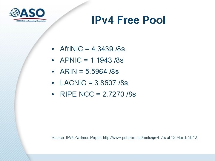 IPv 4 Free Pool • Afri. NIC = 4. 3439 /8 s • APNIC