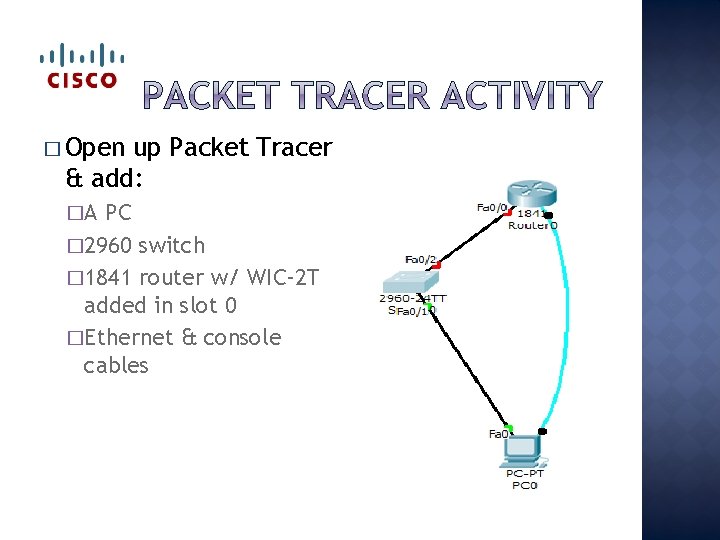 � Open up Packet Tracer & add: �A PC � 2960 switch � 1841