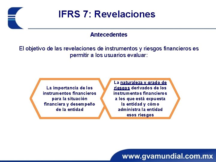 IFRS 7: Revelaciones Antecedentes El objetivo de las revelaciones de instrumentos y riesgos financieros