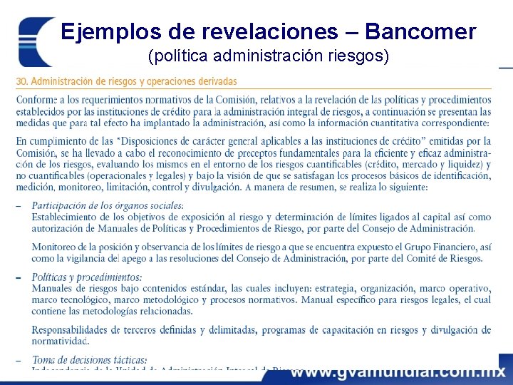 Ejemplos de revelaciones – Bancomer (política administración riesgos) 