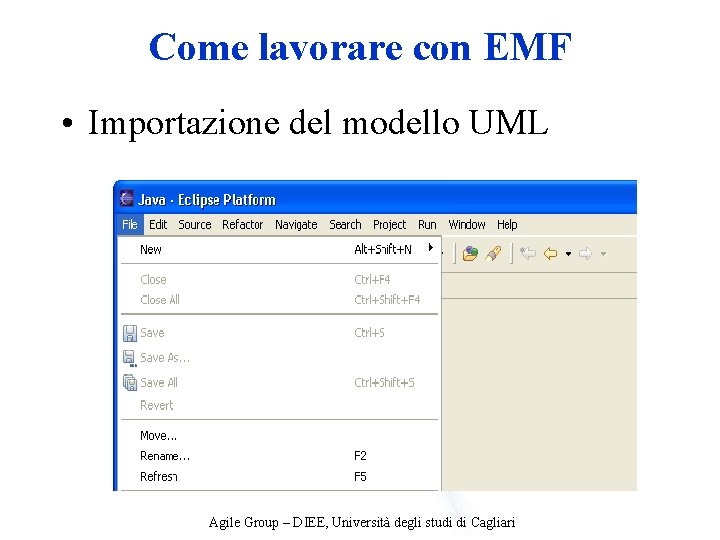 Come lavorare con EMF • Importazione del modello UML Agile Group – DIEE, Università