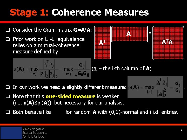 Stage 1: Coherence Measures q Consider the Gram matrix G=ATA: q Prior work on
