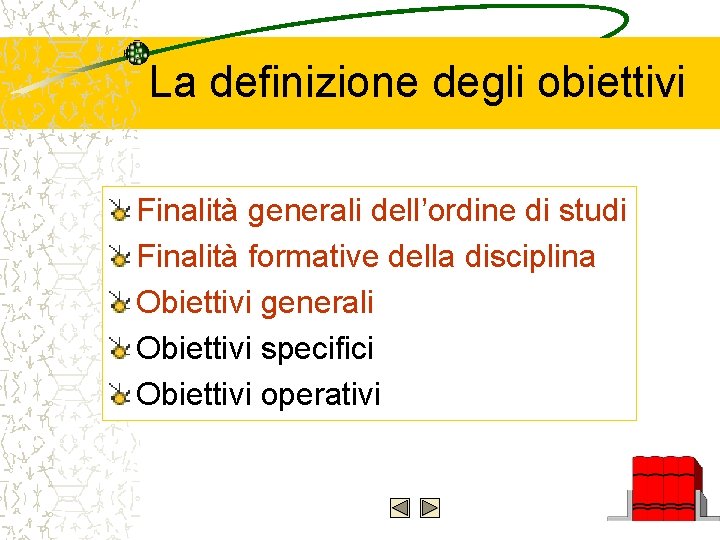 La definizione degli obiettivi Finalità generali dell’ordine di studi Finalità formative della disciplina Obiettivi