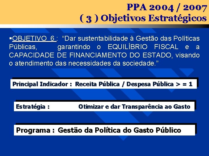 PPA 2004 / 2007 ( 3 ) Objetivos Estratégicos §OBJETIVO 6 : “Dar sustentabilidade