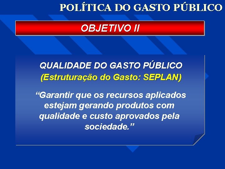 POLÍTICA DO GASTO PÚBLICO OBJETIVO II QUALIDADE DO GASTO PÚBLICO (Estruturação do Gasto: SEPLAN)