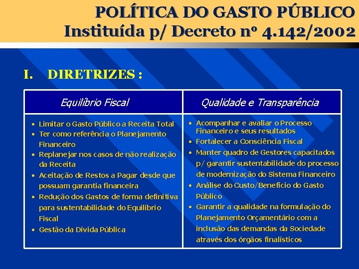 POLÍTICA DO GASTO PÚBLICO Instituída p/ Decreto no 4. 142/2002 I. DIRETRIZES : Equilíbrio