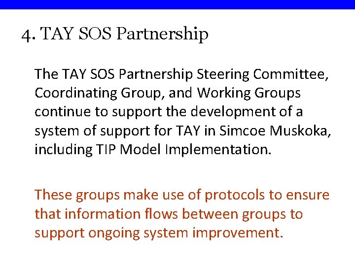 4. TAY SOS Partnership The TAY SOS Partnership Steering Committee, Coordinating Group, and Working