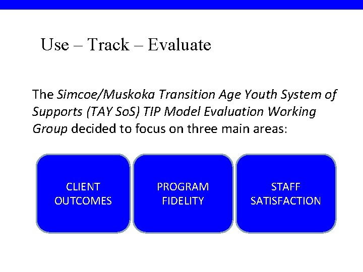 Use – Track – Evaluate The Simcoe/Muskoka Transition Age Youth System of Supports (TAY