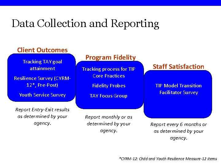 Data Collection and Reporting Client Outcomes Tracking TAY goal attainment Resilience Survey (CYRM 12*,