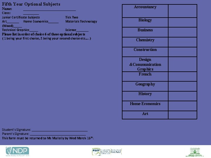 Fifth Year Optional Subjects Name: _______________ Class: _____ Junior Certificate Subjects Tick Two Art_______