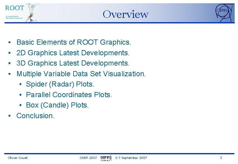 Overview • • Basic Elements of ROOT Graphics. 2 D Graphics Latest Developments. 3