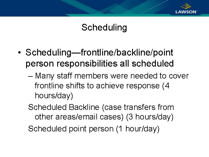 Scheduling • Scheduling—frontline/backline/point person responsibilities all scheduled – Many staff members were needed to