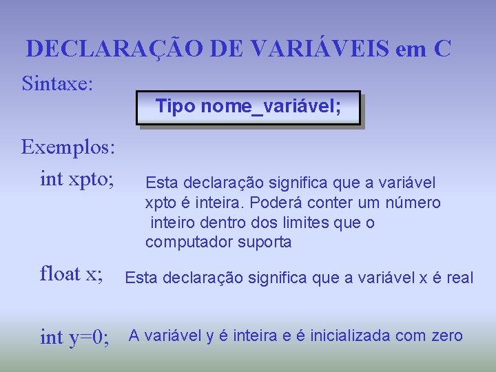 DECLARAÇÃO DE VARIÁVEIS em C Sintaxe: Tipo nome_variável; Exemplos: int xpto; Esta declaração significa