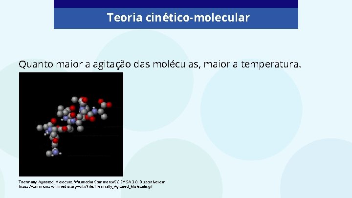 Teoria cinético-molecular Quanto maior a agitação das moléculas, maior a temperatura. Thermally_Agitated_Molecule. Wikimedia Commons/CC