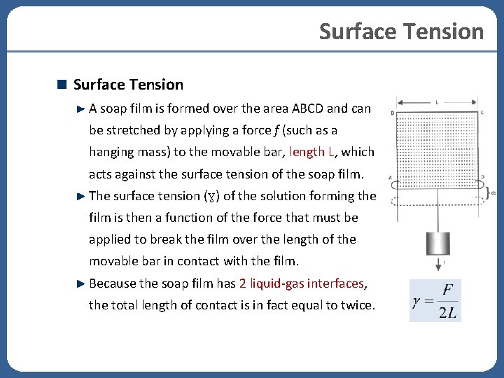 Surface Tension A soap film is formed over the area ABCD and can be Surface Tension A soap film is formed over the area ABCD and can be