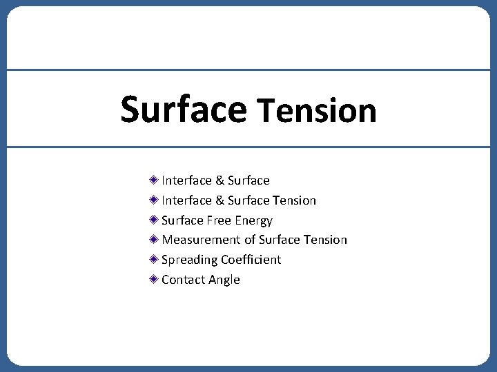Surface Tension Interface & Surface Tension Surface Free Energy Measurement of Surface Tension Spreading Surface Tension Interface & Surface Tension Surface Free Energy Measurement of Surface Tension Spreading