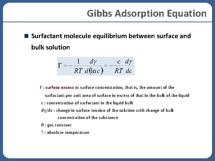Gibbs Adsorption Equation Surfactant molecule equilibrium between surface and bulk solution Γ : surface Gibbs Adsorption Equation Surfactant molecule equilibrium between surface and bulk solution Γ : surface