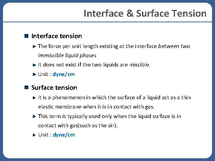 Interface & Surface Tension Interface tension The force per unit length existing at the Interface & Surface Tension Interface tension The force per unit length existing at the