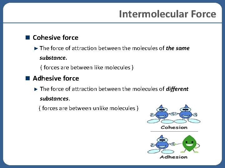 Intermolecular Force Cohesive force The force of attraction between the molecules of the same Intermolecular Force Cohesive force The force of attraction between the molecules of the same