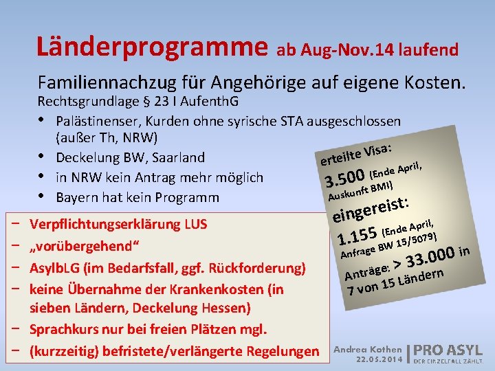 Länderprogramme ab Aug-Nov. 14 laufend Familiennachzug für Angehörige auf eigene Kosten. − − −