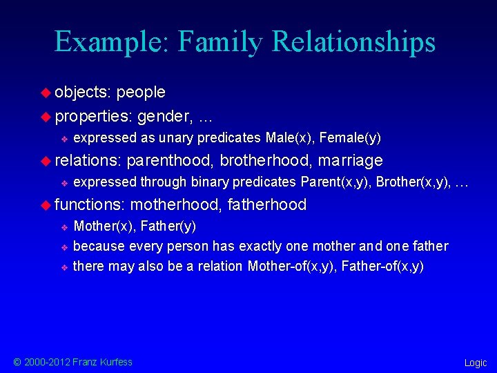 Example: Family Relationships u objects: people u properties: gender, … v expressed as unary