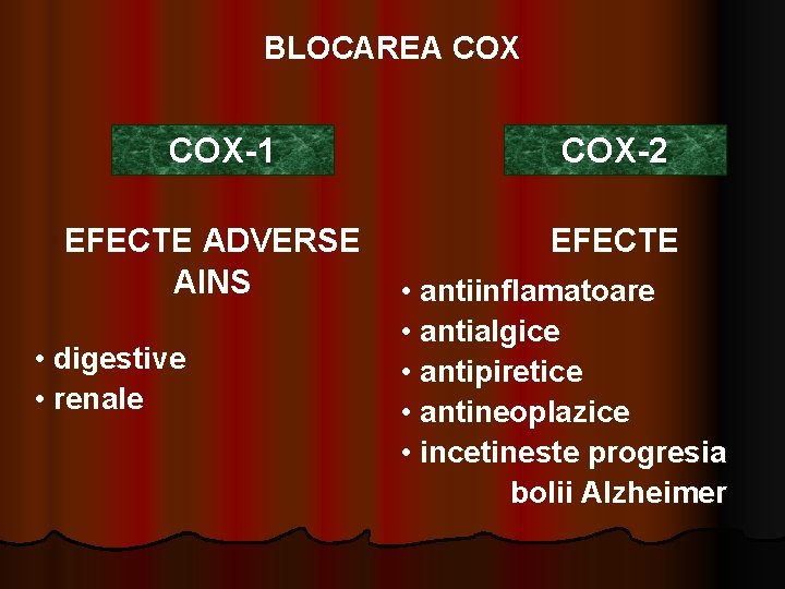 BLOCAREA COX-1 COX-2 EFECTE ADVERSE AINS EFECTE • digestive • renale • antiinflamatoare •
