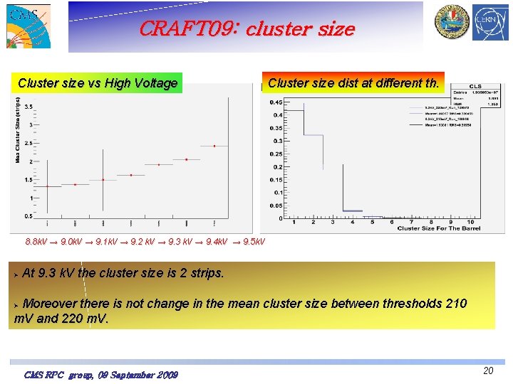 CRAFT 09: cluster size Cluster size vs High Voltage Cluster size dist at different