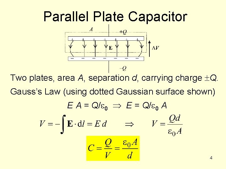 Parallel Plate Capacitor Two plates, area A, separation d, carrying charge Q. Gauss’s Law