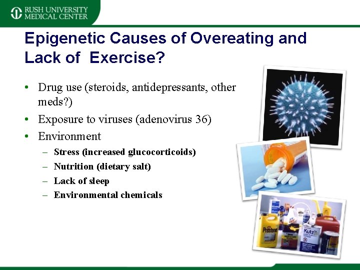 Epigenetic Causes of Overeating and Lack of Exercise? • Drug use (steroids, antidepressants, other