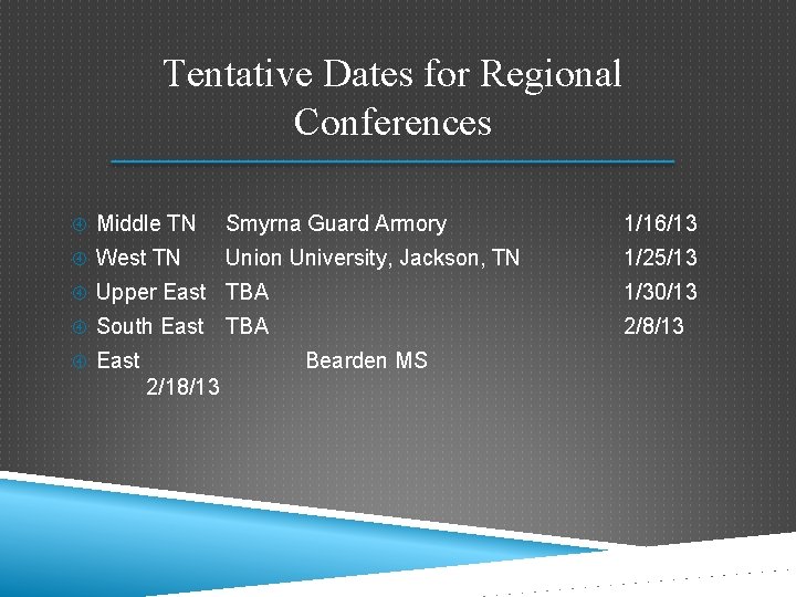 Tentative Dates for Regional Conferences Middle TN Smyrna Guard Armory 1/16/13 West TN Union