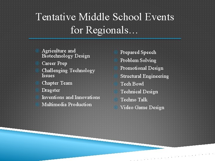 Tentative Middle School Events for Regionals… Agriculture and Biotechnology Design Career Prep Challenging Technology