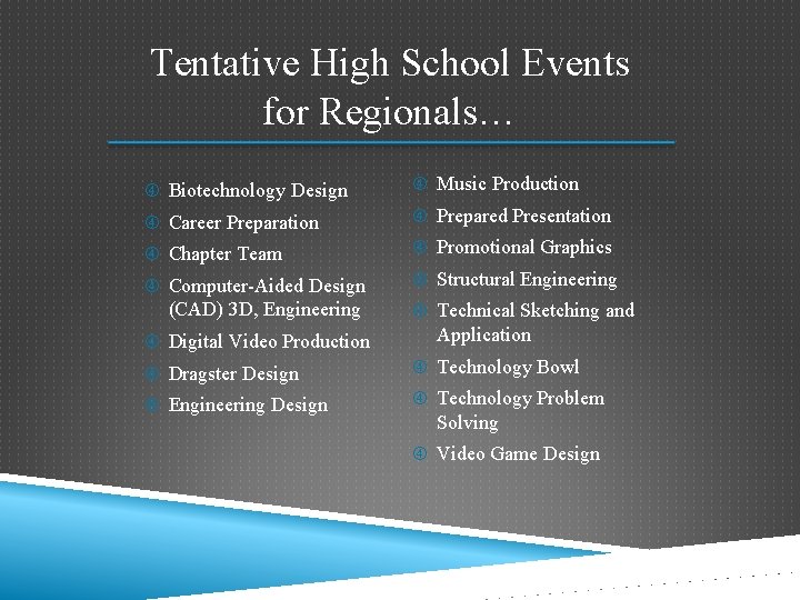 Tentative High School Events for Regionals… Biotechnology Design Music Production Career Preparation Prepared Presentation