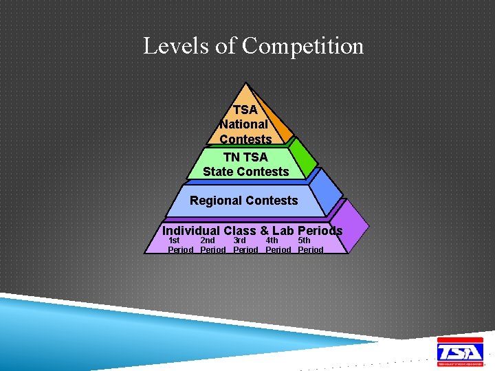 Levels of Competition TSA National Contests TN TSA State Contests Regional Contests Individual Class