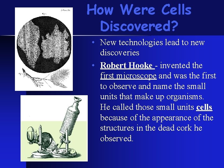How Were Cells Discovered? • New technologies lead to new discoveries • Robert Hooke How Were Cells Discovered? • New technologies lead to new discoveries • Robert Hooke
