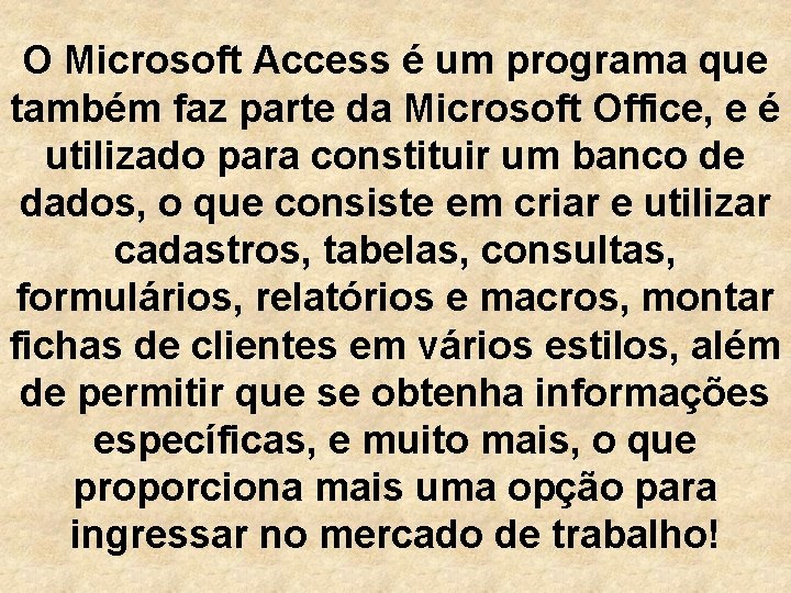 O Microsoft Access é um programa que também faz parte da Microsoft Office, e