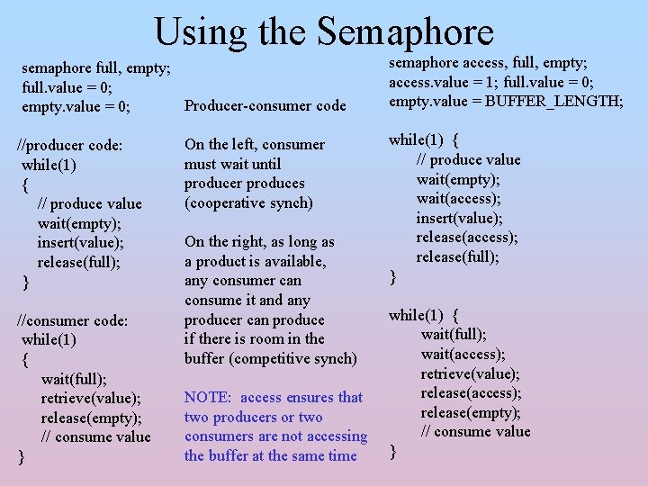 Using the Semaphore semaphore full, empty; full. value = 0; Producer-consumer code empty. value