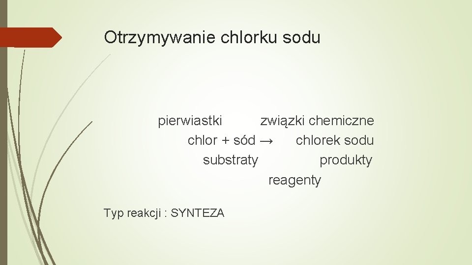Otrzymywanie chlorku sodu pierwiastki związki chemiczne chlor + sód → chlorek sodu substraty produkty