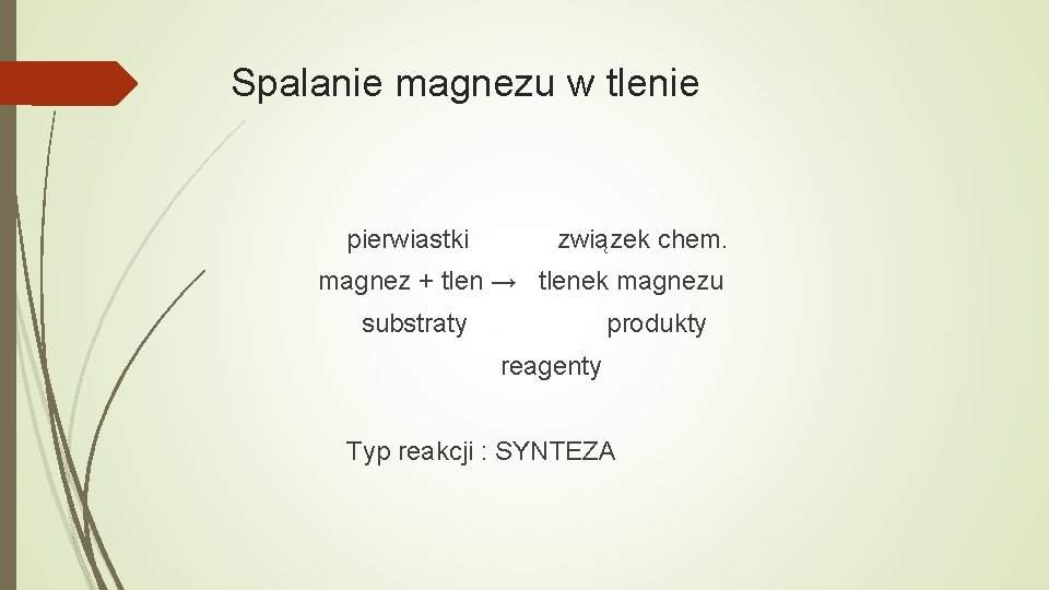 Spalanie magnezu w tlenie pierwiastki związek chem. magnez + tlen → tlenek magnezu substraty