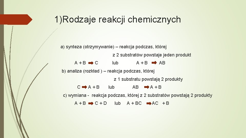 1)Rodzaje reakcji chemicznych a) synteza (otrzymywanie) – reakcja podczas, której z 2 substratów powstaje