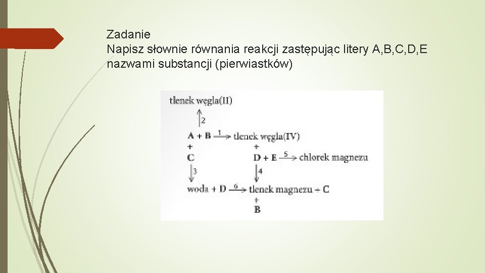 Zadanie Napisz słownie równania reakcji zastępując litery A, B, C, D, E nazwami substancji