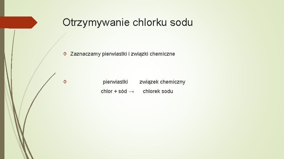 Otrzymywanie chlorku sodu Zaznaczamy pierwiastki i związki chemiczne pierwiastki chlor + sód → związek