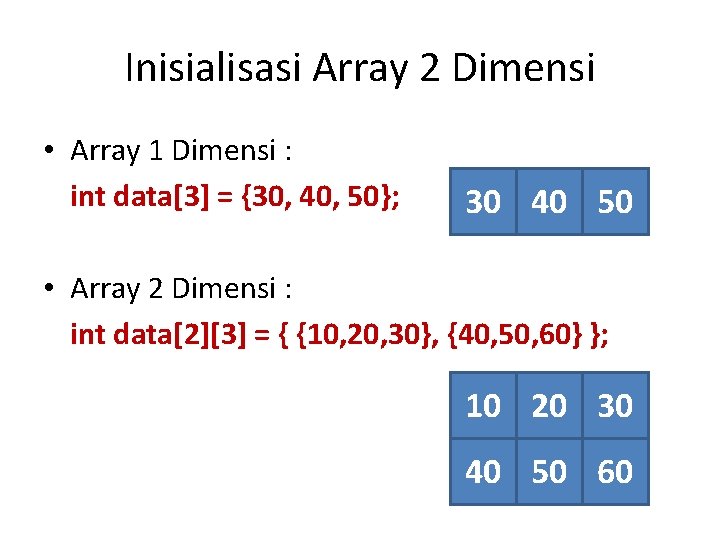 Inisialisasi Array 2 Dimensi • Array 1 Dimensi : int data[3] = {30, 40,