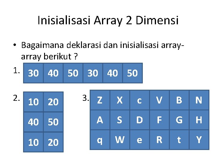 Inisialisasi Array 2 Dimensi • Bagaimana deklarasi dan inisialisasi array berikut ? 1. 30