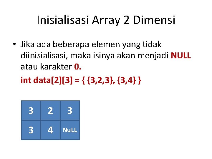 Inisialisasi Array 2 Dimensi • Jika ada beberapa elemen yang tidak diinisialisasi, maka isinya