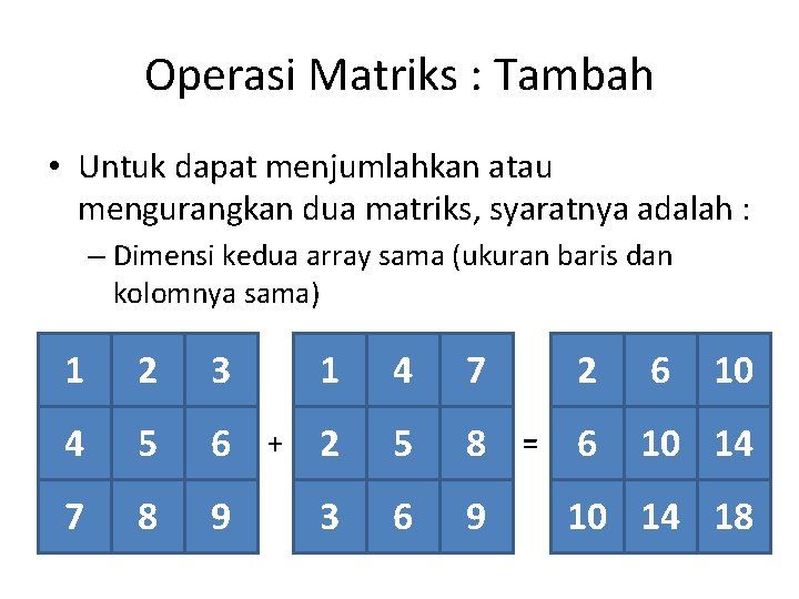 Operasi Matriks : Tambah • Untuk dapat menjumlahkan atau mengurangkan dua matriks, syaratnya adalah