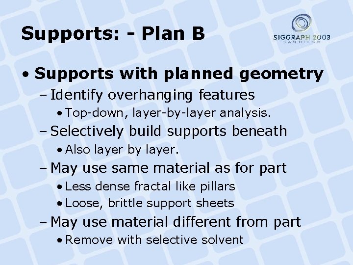 Supports: - Plan B • Supports with planned geometry – Identify overhanging features •