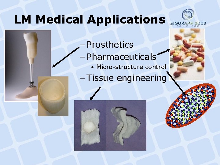 LM Medical Applications – Prosthetics – Pharmaceuticals • Micro-structure control – Tissue engineering 