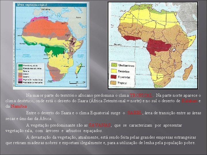 Na maior parte do território africano predomina o clima TROPICAL. Na parte norte aparece