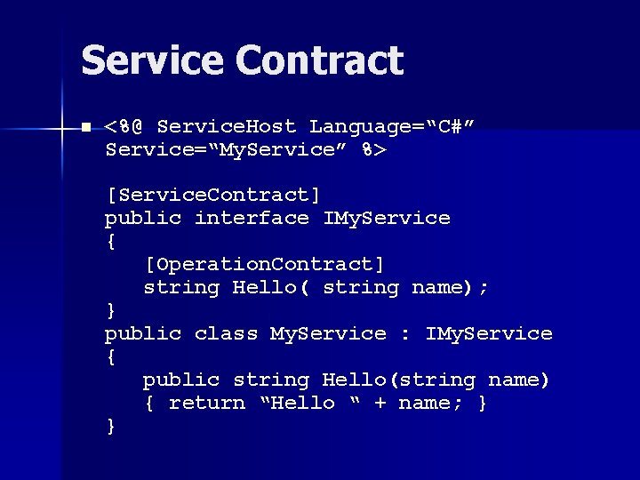 Service Contract n <%@ Service. Host Language=“C#” Service=“My. Service” %> [Service. Contract] public interface