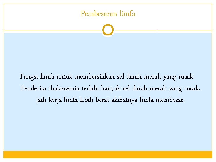 Pembesaran limfa Fungsi limfa untuk membersihkan sel darah merah yang rusak. Penderita thalassemia terlalu